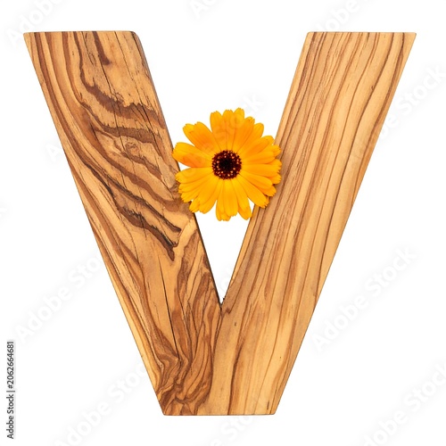 Wooden letter 'V' with a bright orange flower nestled in its center, isolated against a white background