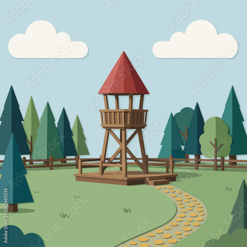 Wooden Observation Tower in Forest Park with Winding Path