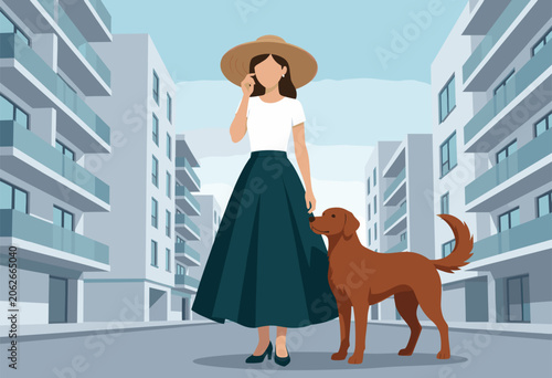 Woman with Dog Walking Down Modern Urban Street