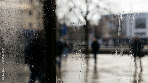 Rainy Day Reflections: Blurred figures and streetlights are seen through a window streaked with raindrops, creating a moody and atmospheric urban scene on a wet day.