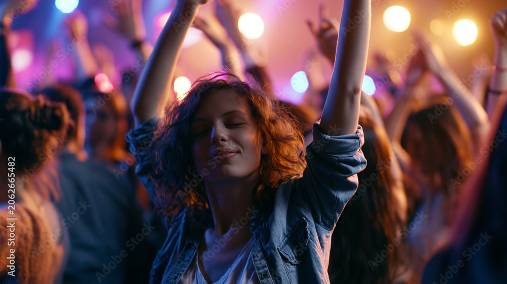 Obraz premium Young woman dancing with raised hands at a lively nightlife event, enjoying music, entertainment, celebration, social connection, and an energetic party atmosphere