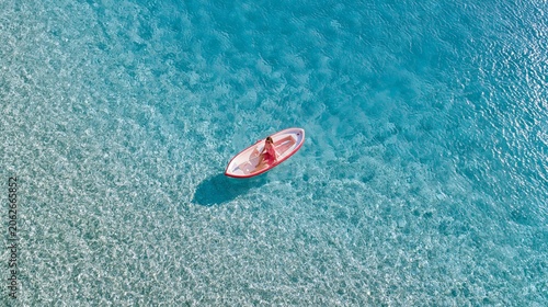 Kayaking in Crystal Waters: A solitary figure enjoys a serene kayaking experience on remarkably clear turquoise water, showcasing the beauty of a tropical paradise.