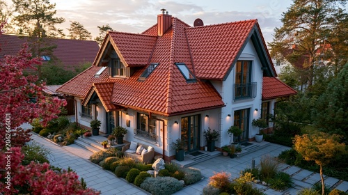 Elegant Residence with Lush Landscaping: A beautifully maintained detached house with a striking red-tiled roof sits amidst vibrant, mature gardens.