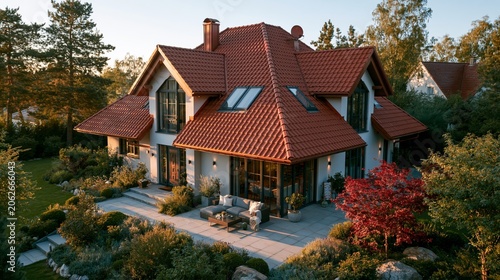 Modern Family Home Oasis: An inviting family home with a prominent red tile roof and large windows is nestled amidst lush greenery and mature trees.