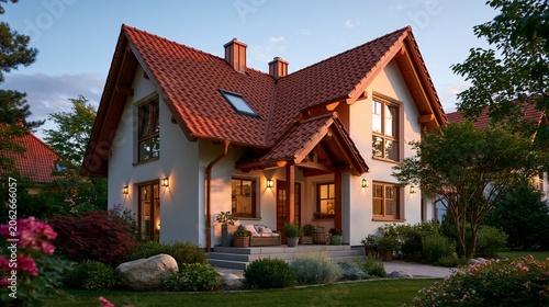 Charming Family Home at Dusk: A picturesque detached house with a red tiled roof stands welcomingly amidst a lush garden, illuminated by the soft, warm light of dusk.