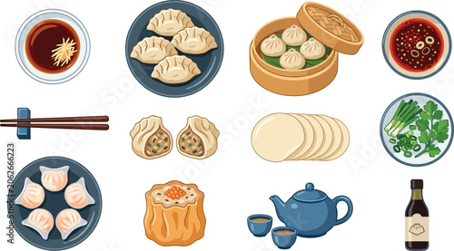 Fotografie Asian Dumpling Food Collection Featuring Gyoza Bao Buns Dipping Sauces and Tradi