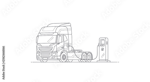 Electric Semi Truck Charging Station Line Art Vector