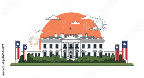 Patriotic celebration at a historic government mansion with fireworks