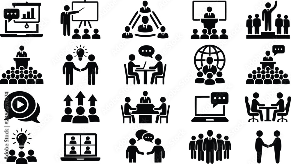 Obraz premium Corporate business training and online presentation icon set featuring meeting conference teamwork and seminar elements vector