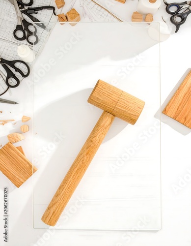Wooden mallet on white paper