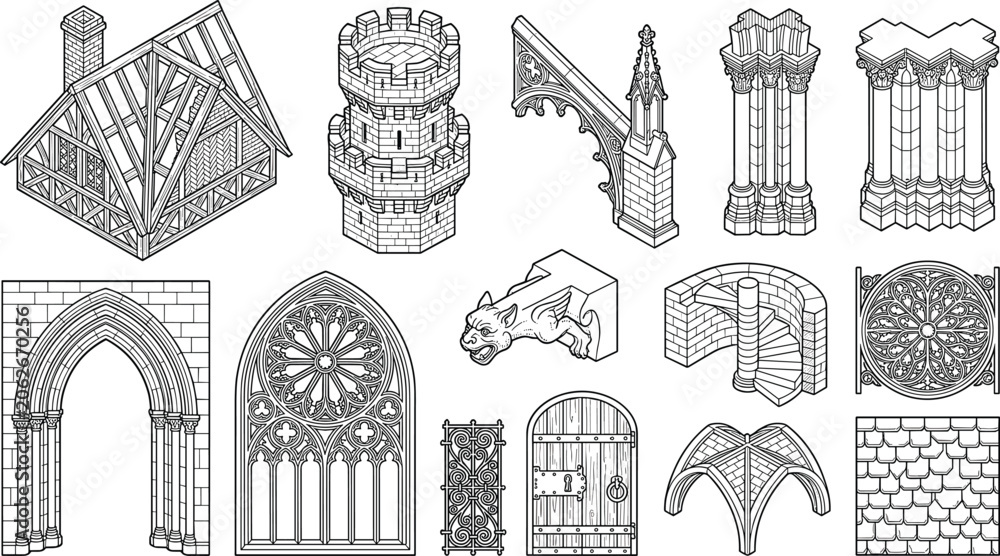 Naklejka premium Gothic architecture and medieval construction elements collection featuring arches columns towers and ornamental stonework