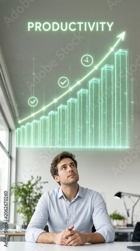 Young caucasian businessman looking up at glowing productivity bar chart with rising arrow in modern office