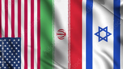 Horizontally aligned flags of Iran, the United States, and Israel in a realistic seamless wave animation.