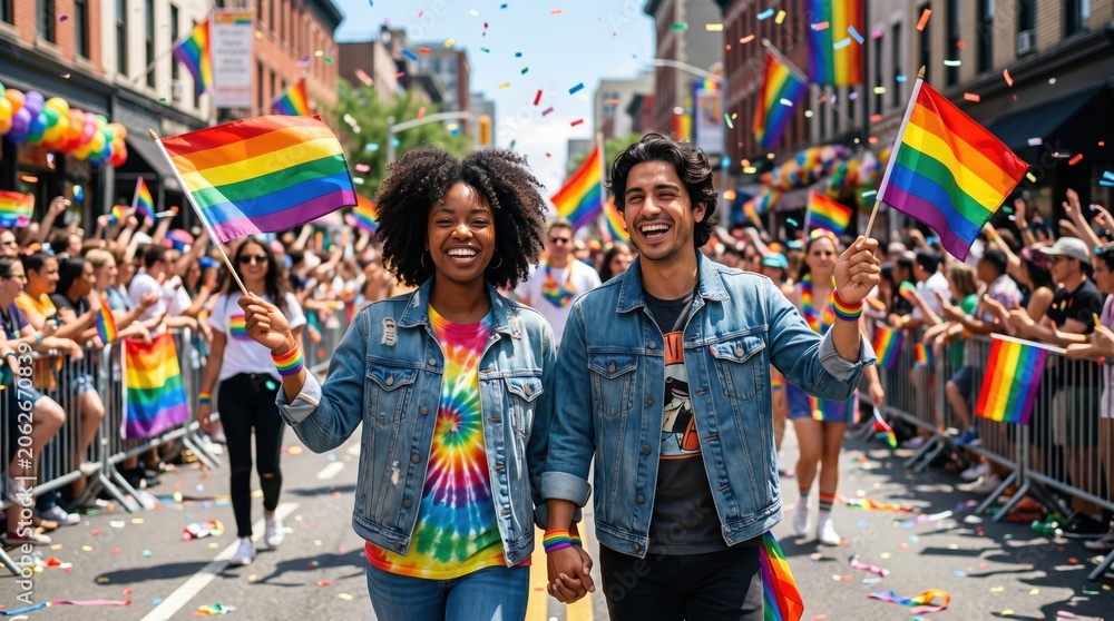 Obraz premium Happy Couple Walking at Pride Parade