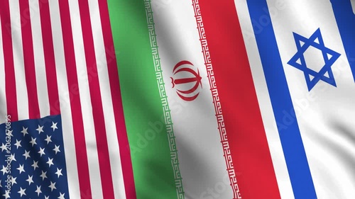Diagonally aligned flags of Iran, the United States, and Israel in a realistic seamless wave animation.