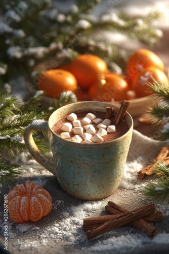 Hot chocolate drink with marshmallows, cinnamon, star anise