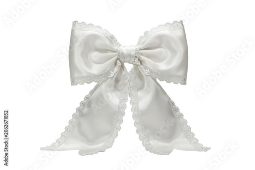 Large white satin bow with long hanging tails and scalloped lace trim edges isolated on a white background, for festive decoration use