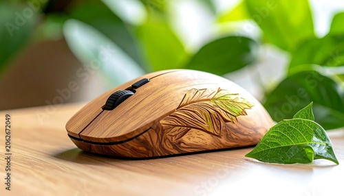 Wooden mouse w/ leaf design sits on table with vibrant greenery blurring in background for an organic, natural feel