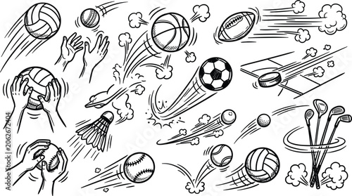 Hand drawn sports balls and equipment doodle set with motion trails speed effects comic smoke clouds and player hands