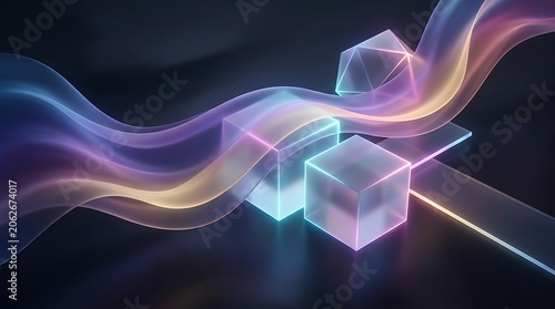 Vibrant abstract composition with neonlit cubes, geometric solids, and flowing iridescent waves