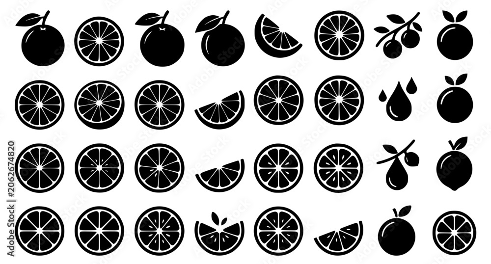 Fototapeta premium Black Citrus Fruit Silhouette Icons with Whole Half and Slice Shapes