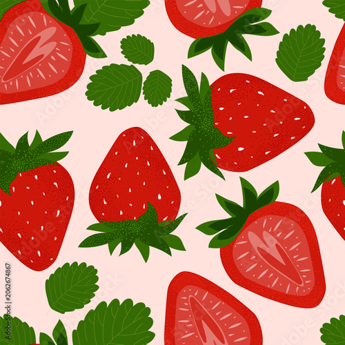 Strawberries with leaves form a seamless summer seasonal pattern with red berries for textiles, wrapping paper, and wallpaper. Vector.