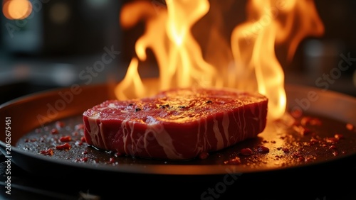 Sizzling wagyu beef steak on cast iron pan, butter basting in slow motion, dark restaurant kitchen bokeh