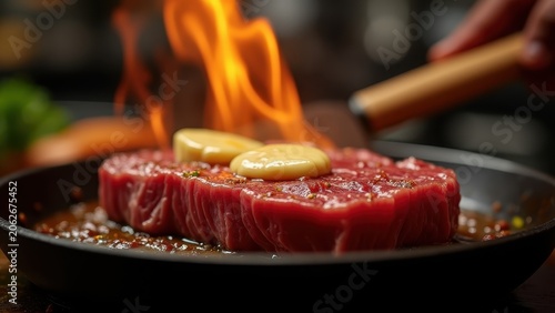 Sizzling wagyu beef steak on cast iron pan, butter basting in slow motion, dark restaurant kitchen bokeh