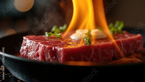 Sizzling wagyu beef steak on cast iron pan, butter basting in slow motion, dark restaurant kitchen bokeh