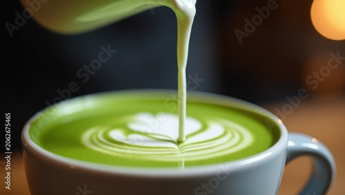 Barista pouring steamed oat milk into matcha latte, green swirl forming, minimal white cafe bokeh counter