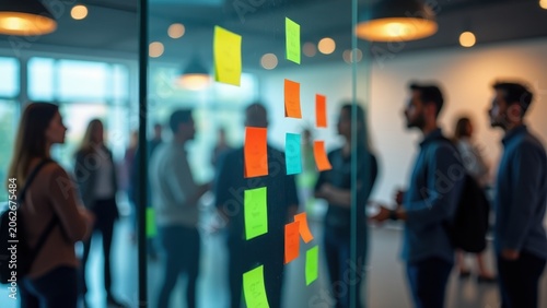 Diverse startup team brainstorming around transparent glass board, sticky notes color-coded, bright modern office bokeh