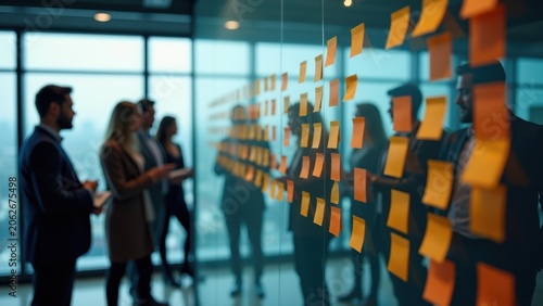 Diverse startup team brainstorming around transparent glass board, sticky notes color-coded, bright modern office bokeh