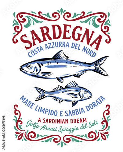 Vintage travel poster illustration for Sardinia Italy with hand-drawn fish sketches, ornate red and green decorative scrollwork borders, and classic Italian typography on white background.