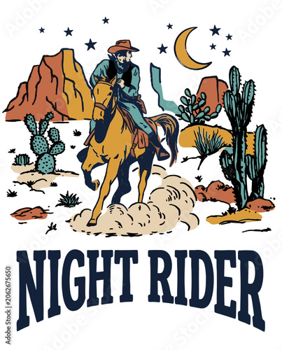 Vintage style illustration of a cowboy riding a horse through a desert at night under a crescent moon and stars, featuring mountains, cacti, and 