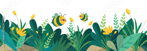 Cute bees flying above green grass and flowers in sunny garden on white background flat vector illustration.