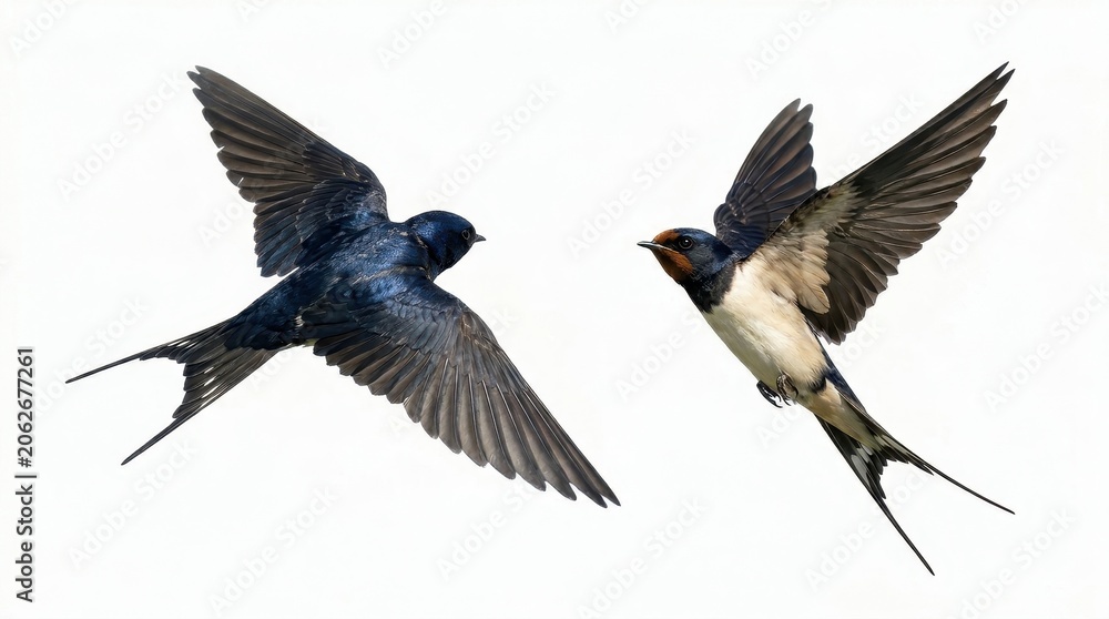 Obraz premium Two barn swallows flying towards each other isolated on white background