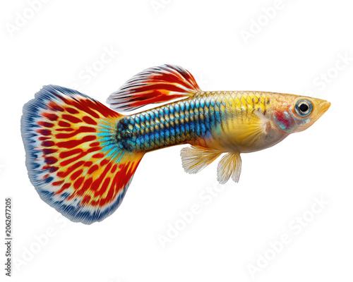 Vibrant Guppy Fish Portrait: A stunning close-up showcases a male guppy fish with a brilliantly colored and patterned tail, set against a clean background.