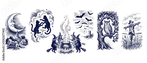 Canvas-taulu Vintage Halloween engraving illustration set spooky witches at cauldron black ca