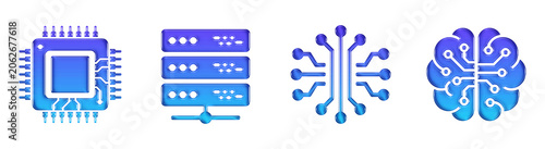 Artificial Intelligence Hardware Elements 3D Glossy Gradient Icon Set. Transparent PNG