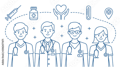 Medical team of doctors and nurses with healthcare icons