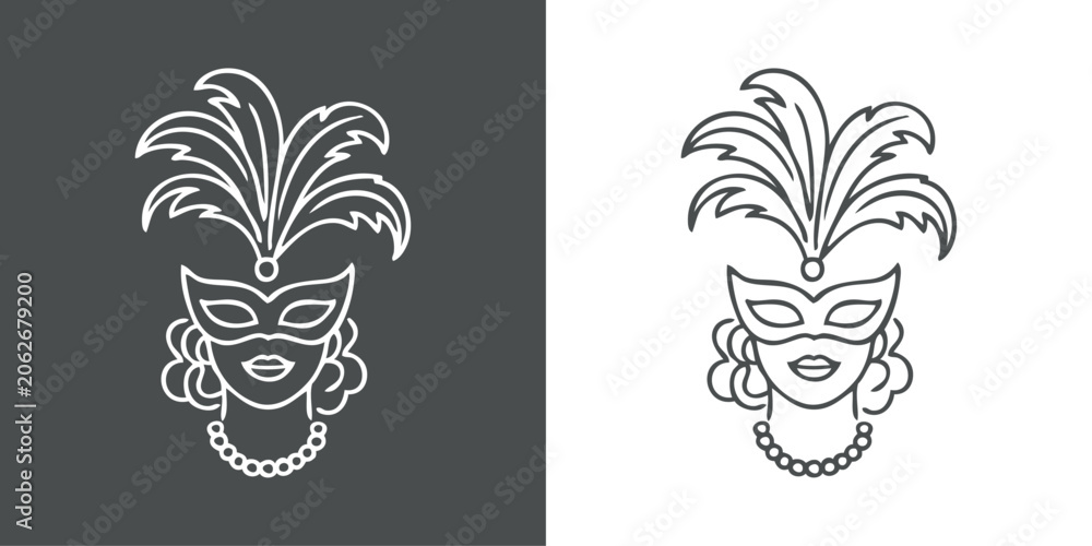 Fototapeta premium Carnaval de Venecia. Dibujo minimalista con líneas de la cabeza de una mujer con una máscara de carnaval o de fiesta con plumas y collar de perlas 