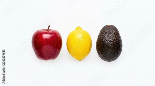 Fresh apple, lemon, and avocado isolated on white background