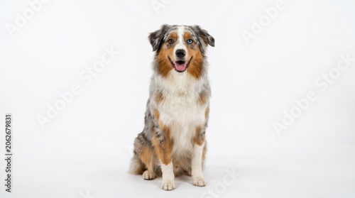 Australian shepherd dog sitting isolated on white background