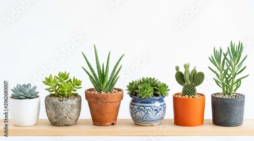 Collection of various succulents and cacti in different pots isolated on white background