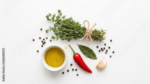 Culinary ingredients including a bundle of thyme, olive oil, chili pepper, garlic, and peppercorns isolated on white background