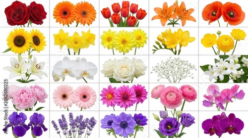 Collage of various colorful flowers isolated on white background