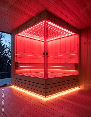 Wooden sauna interior illuminated in vibrant red light, featuring layered seating and timber paneling