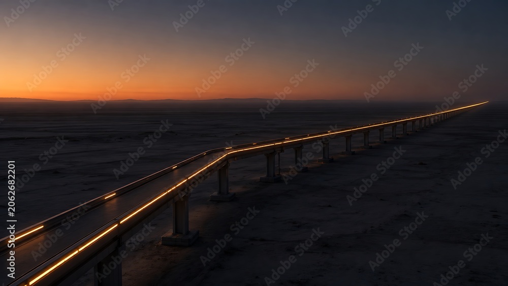 Fototapeta premium A long, illuminated bridge stretches into the horizon under a dramatic sunset sky.