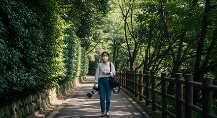 Woman wearing a mask walks her dog on a shaded park pathway surrounded by lush greenery and trees.