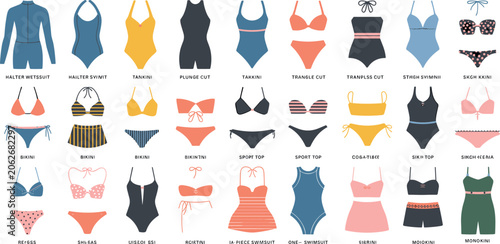 Bild auf Leinwand Comprehensive collection of various women's swimwear styles including bikinis, t